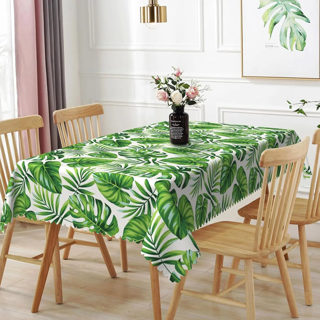 Green Palm Leaves Tropical Flowers Tablecloth Picnic Party Decor Summer Hawaiian Plants Rectangle Table Cloth Dining Table Decor