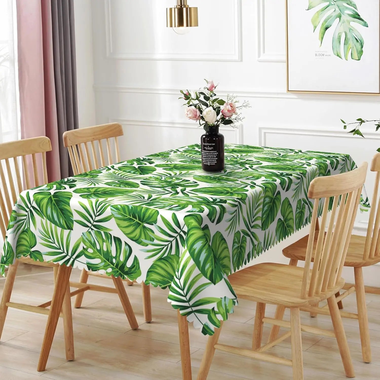 Green Palm Leaves Tropical Flowers Tablecloth Picnic Party Decor Summer Hawaiian Plants Rectangle Table Cloth Dining Table Decor