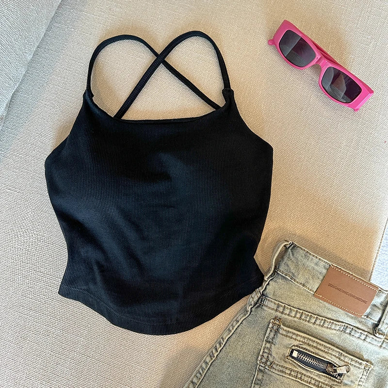 Summer Sexy ort Tank Top Women's Slim Fit Csole Vest Outerwear with Chest Pad Strap Vest Pure Color Faion Design