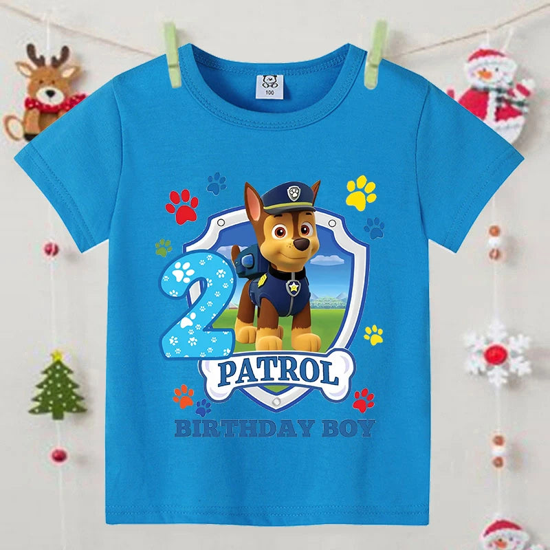Paw Patrol Blue T-shirts for Boys Anime Cartoon Cute Birthday Clothing Children Summer Fashion Short Sleeved Shirt Kids Clothes