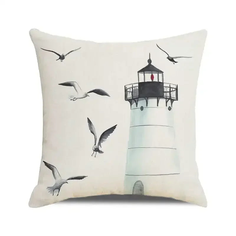 Throw Pillow Cover Watercolor Lighthouse Navigation Ocean Seagull Boat Home Sofa Cushion Cover Home Decor Pillowcase 40x40 Cm