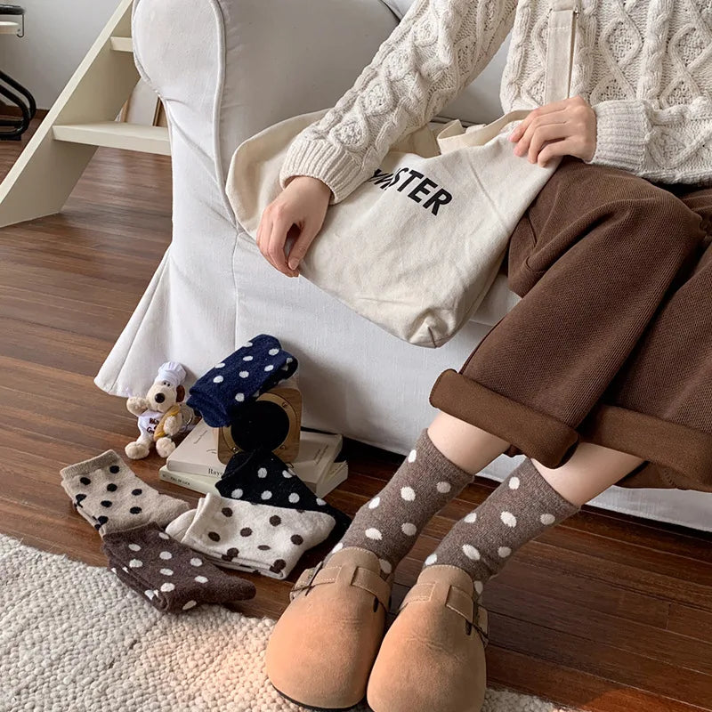 Socks for Women Autumn Winter Thick Warm with Polka Dot Black Maillard Velvet Coffee Mid-tube Socks