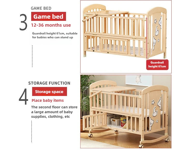 Baby Comfortable Sleeping Bed Solid Wood Newborn Baby Bed Multifunctional Baby Rocking Bed with Wheels and mosquito net