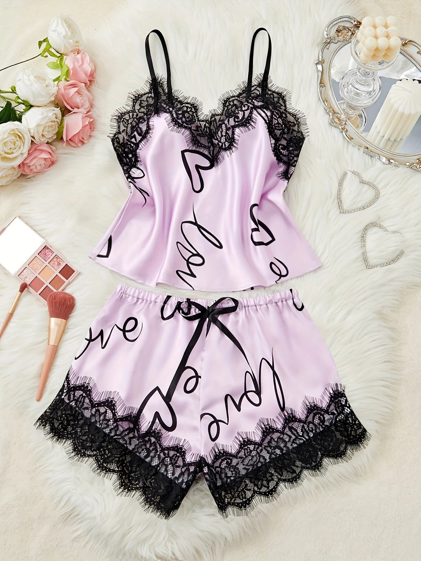 Women‘s Milk Silk Pajamas Set Summer Sleeveless Yellow Heart Print Lace Trim Soft Summer Sleepwear Lounge Sets Nightwear