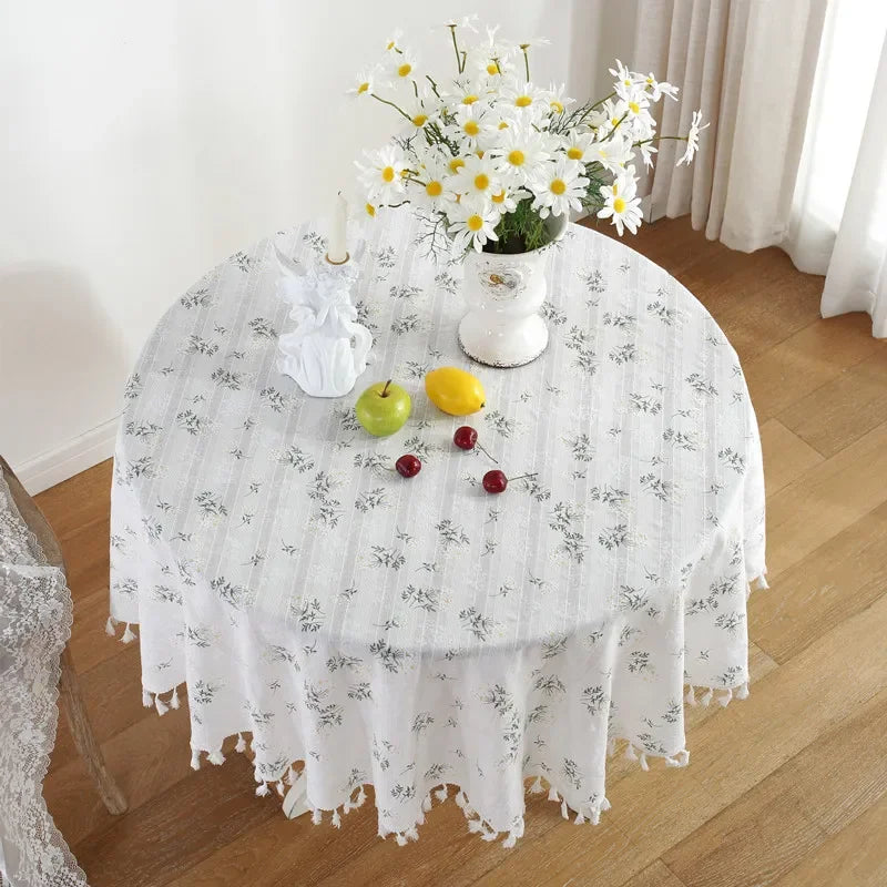Circular Table Cover for Kitchen Dinning Room Tabletop Decor Round Tablecloth Cotton Table Cloth with Tassel Dust-Proof Floret
