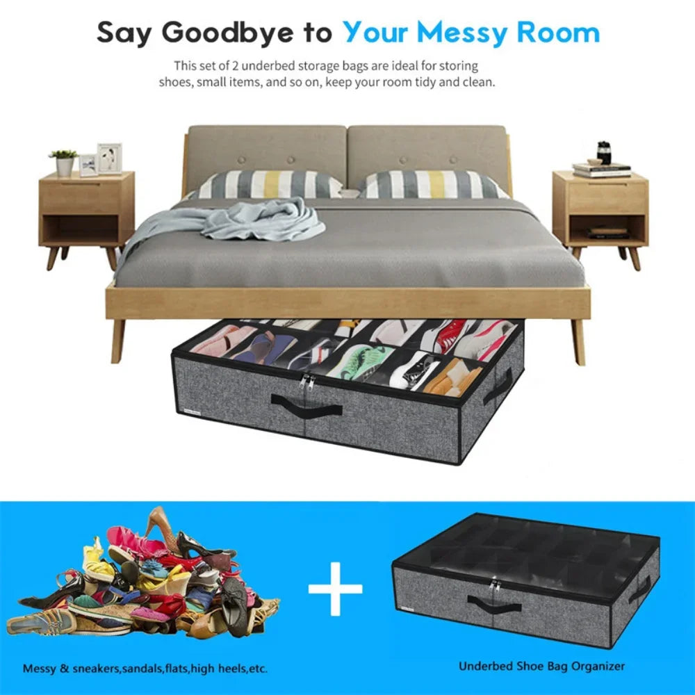 Shoe Storage Organizer Box with Reinforced Handles for Under Bed, Fit 12 Pairs, Collapsible Closet Underbed Shoes Container Bags