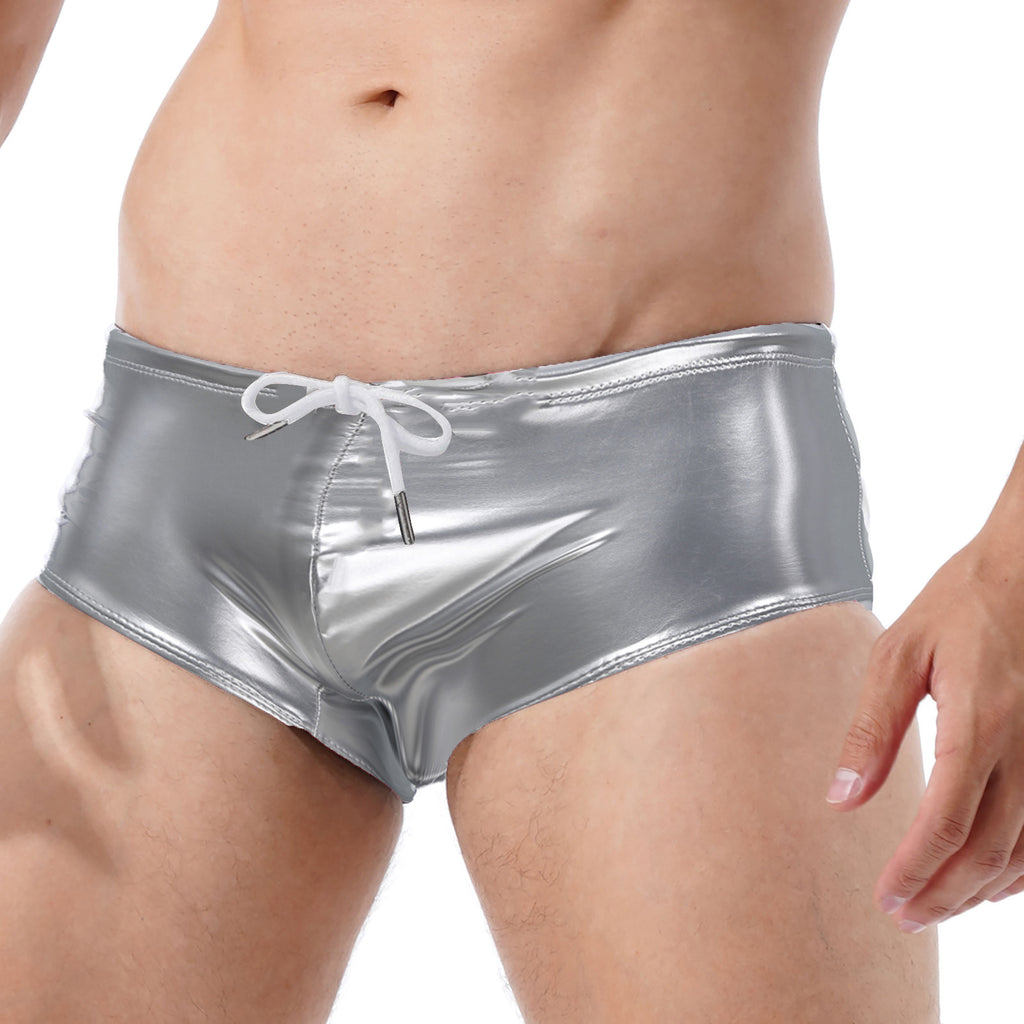 Men Swimming Trunks Wet Look Patent Leather Shorts Short Pants Low Rise Drawstring Boxer Shorts Beach Swimwear Party Clubwear