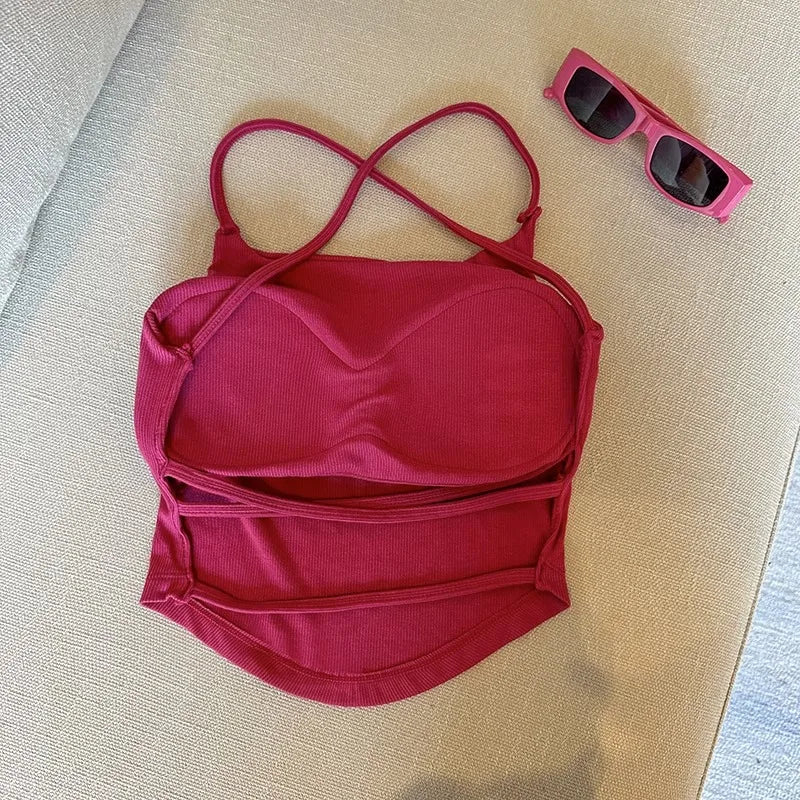 Summer Sexy ort Tank Top Women's Slim Fit Csole Vest Outerwear with Chest Pad Strap Vest Pure Color Faion Design