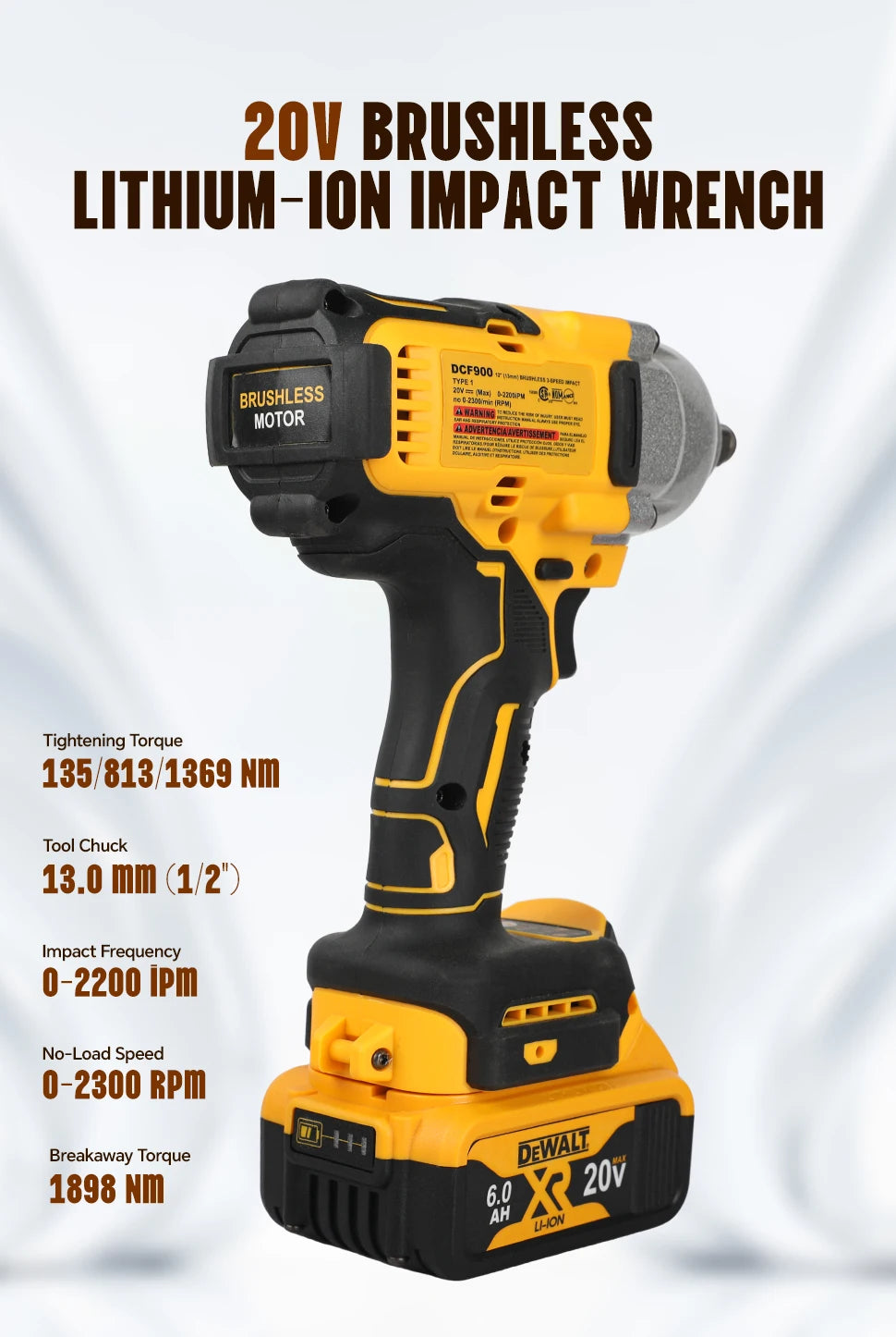 DEWALT 20V Cordless Impact Wrench | High Torque Brushless Motor | Durable Lithium-Powered Tool for Professional Use DCF900