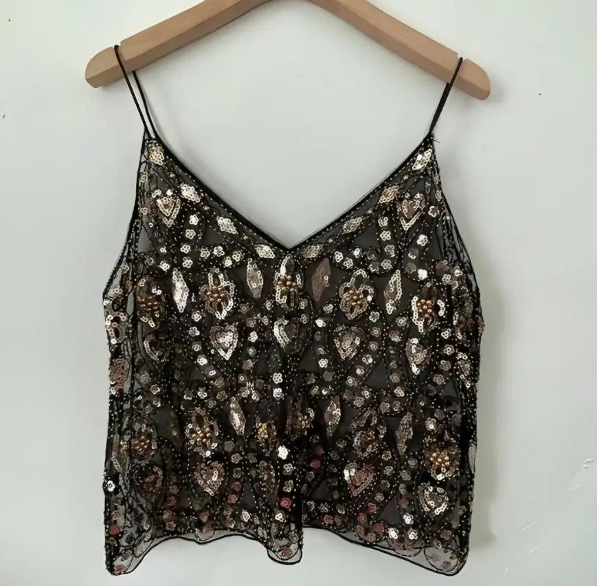 Summer Women Bling Sequined Tanks Tops Sexy Beaded Work Mesh Tops Chic Women Sparkly Cami Vest Femme Streetwear