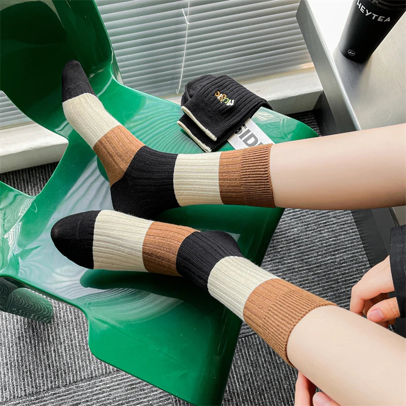 Socks For Women New Fashion Autumn Striped Cotton Long Socks Breathable Soft Korean Style Cute Embroidery Girls Casual Comfort