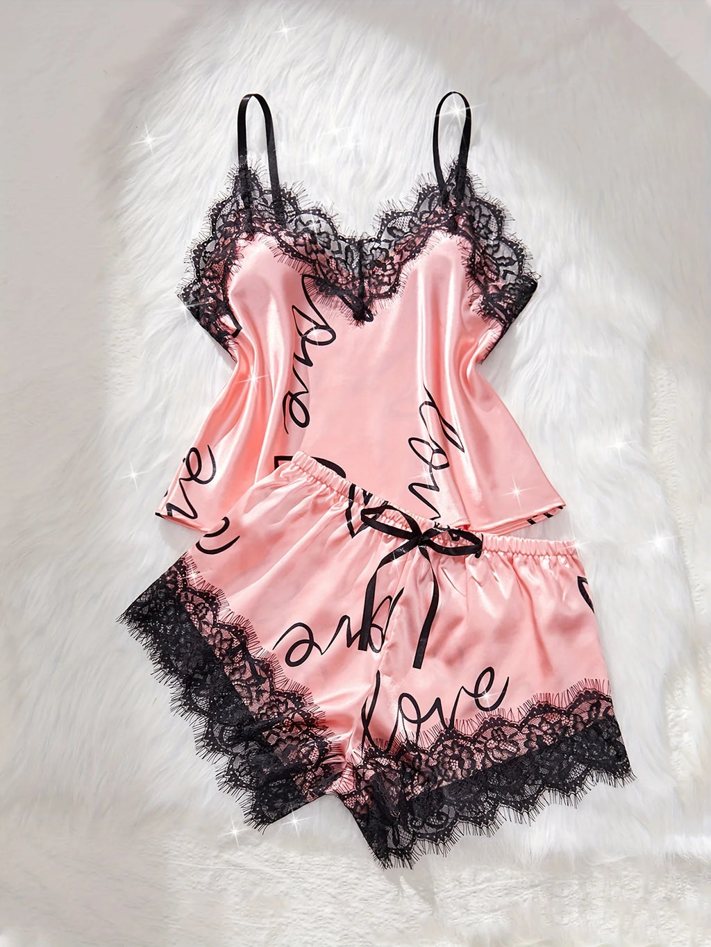 Women‘s Milk Silk Pajamas Set Summer Sleeveless Yellow Heart Print Lace Trim Soft Summer Sleepwear Lounge Sets Nightwear