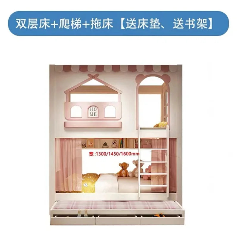 Customizable girl princess bunk bed two-story high-low sister high guardrail slide elevated bed