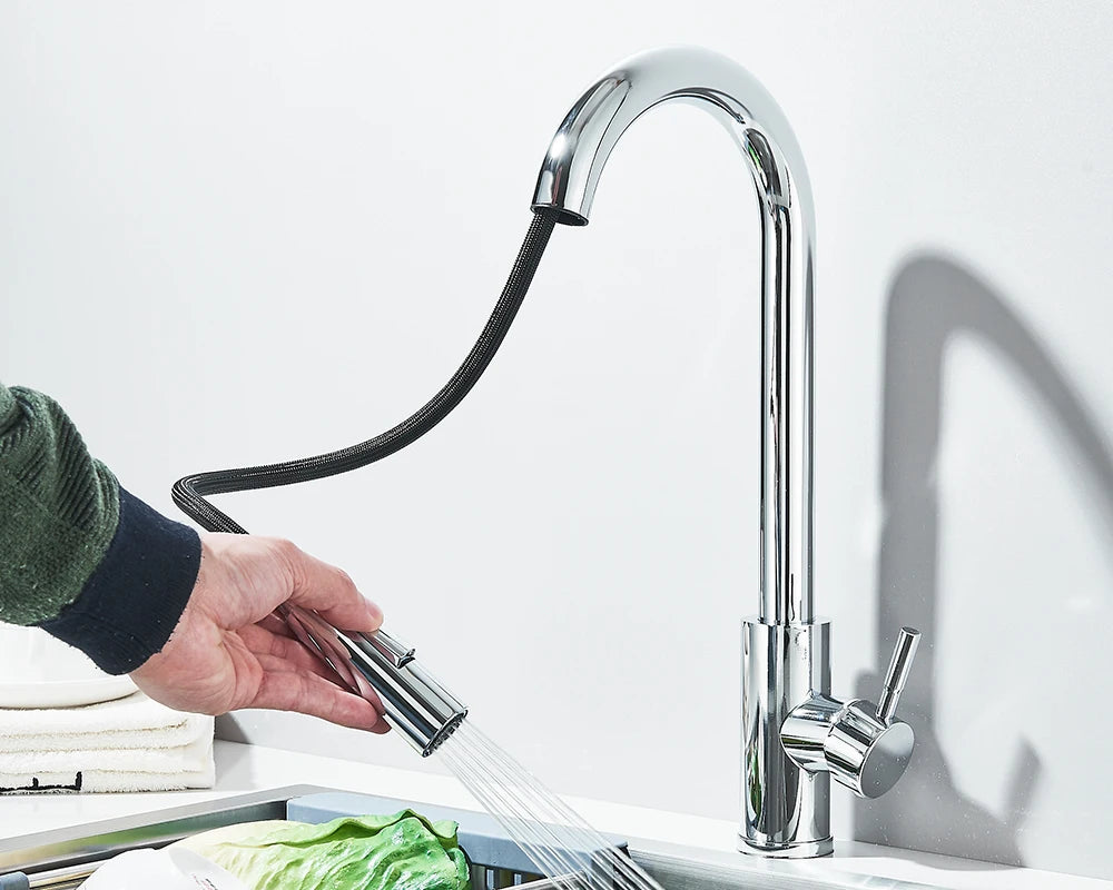 Pull Down Kitchen Sink Faucet Pull Out Two Function Single Handle Hot and Cold Water Mixer Taps Deck Mounted