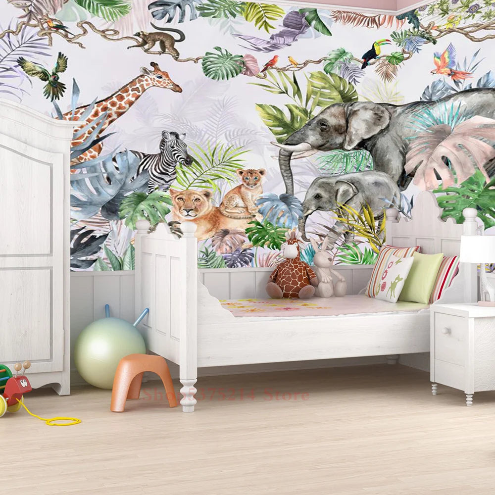 Baby Kids Room Decorative Wallpaper Jungle Animals Printed Wall Wallpapers For Nursery Room Renovation Elephant Giraffe Custom