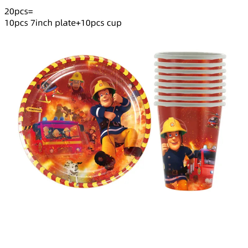 Fireman Sam Party Supplies Disposable Tableware Set Paper Plates Cups Tablecloth Fire Truck Birthday Party Decor Boys Baby Showe