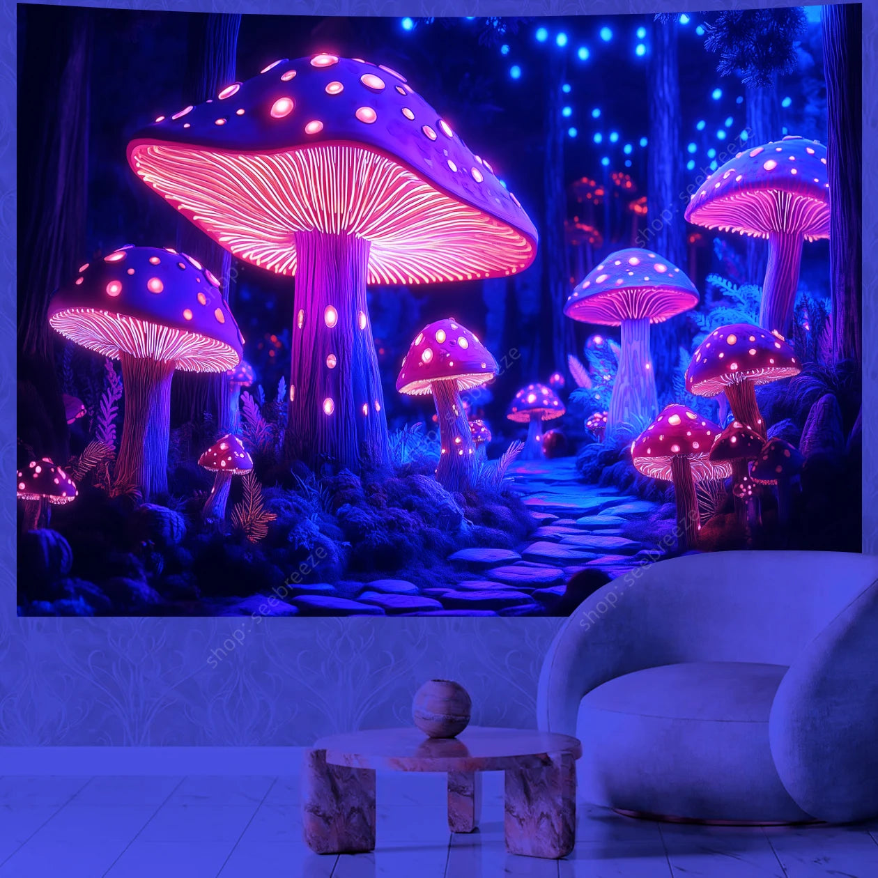 Fantasy Mushroom UV Reactive Tapestry Beautiful Floral Plant Tapestry Wall Hanging Gothic Home Wall Decor Room Decor Aesthetic