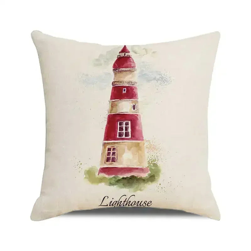 Throw Pillow Cover Watercolor Lighthouse Navigation Ocean Seagull Boat Home Sofa Cushion Cover Home Decor Pillowcase 40x40 Cm