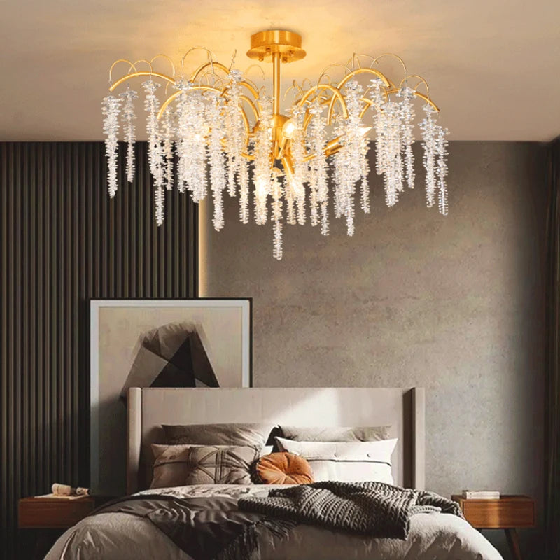 Morden LED Art Strip Crystal Ceiling Chandeliers Branch Pendant Lamp Villa Hall Hanging Light Home Decor Lustre Lighting Fixture