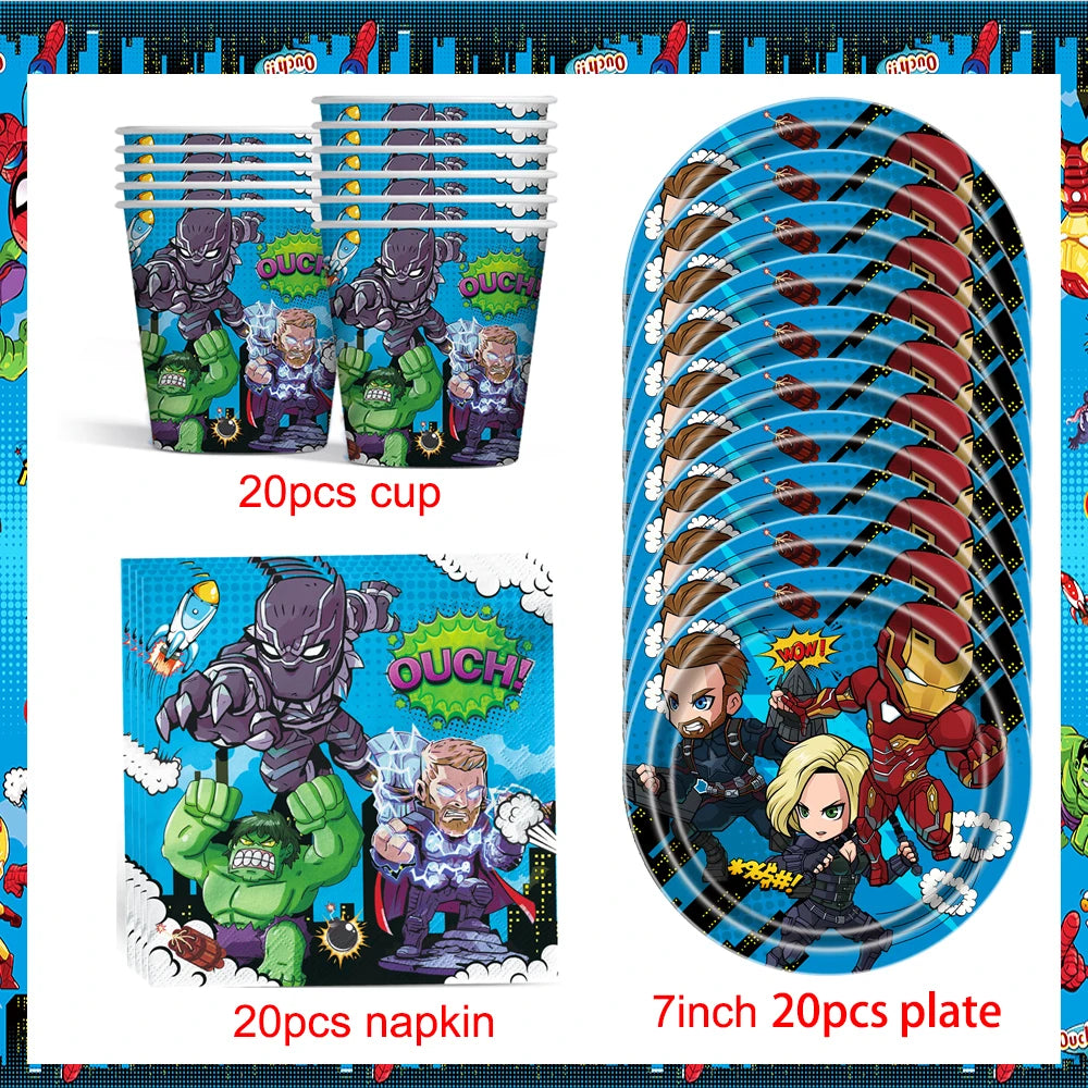 Marvel The Avengers Birthday Supplies Disposable Plate Napkin Cup Tablecloth Balloon for Kids Boy Superhero Party Decorations