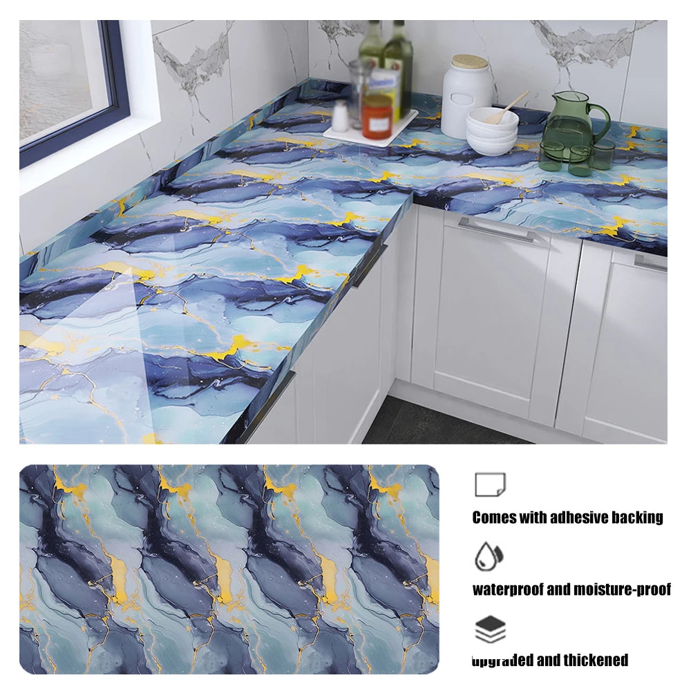 Marble oil resistant 40cm kitchen sticker self-adhesive waterproof cabinet stove top wallpaper desktop bathroom decoration
