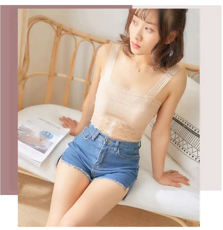 Summer Sexy Lace Camisole Tank Tops Women Beautiful Back Top Lady Seamless Hollow Out Elastic with Chest Pads Woman Clothing