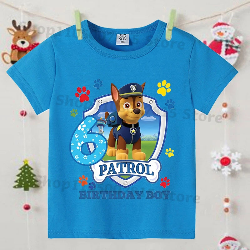 Paw Patrol Blue T-shirts for Boys Anime Cartoon Cute Birthday Clothing Children Summer Fashion Short Sleeved Shirt Kids Clothes