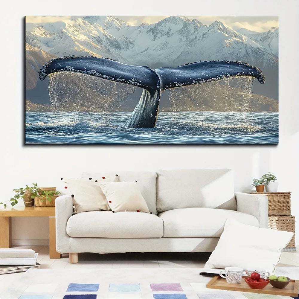 1.5 inch thick pine solid wood frame, whale tail mural canvas art, marine-themed printed posters, interior decor