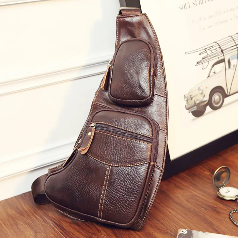 High Quality Men Genuine Leather Sling Cross Body Backpack Rucksack Multi-Pockets Casual Male Real Cowhide Shoulder Chest Bag