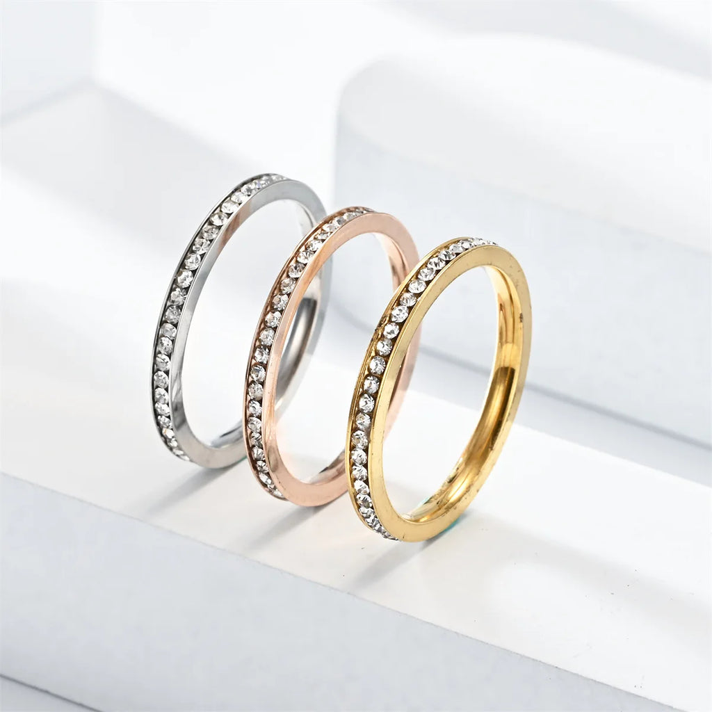 Unisex 2mm Luxury Stainless Steel Men Women Statement Cubic Zircon Rings Gold Silver Color US size 5 6 7 8 9 10 11 ﻿