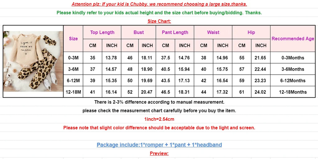 3PCS Newborn Baby Girl Clothes Set Long Sleeved Top+Leopard Pants+Headband Infant Spring Outfits for Toddler Girl 0-18 Months
