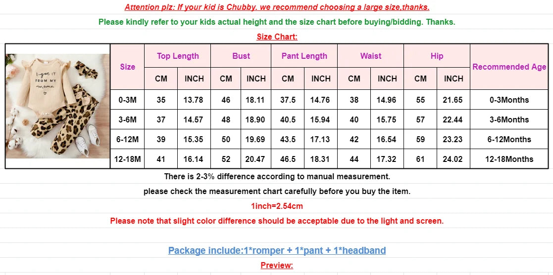 3PCS Newborn Baby Girl Clothes Set Long Sleeved Top+Leopard Pants+Headband Infant Spring Outfits for Toddler Girl 0-18 Months