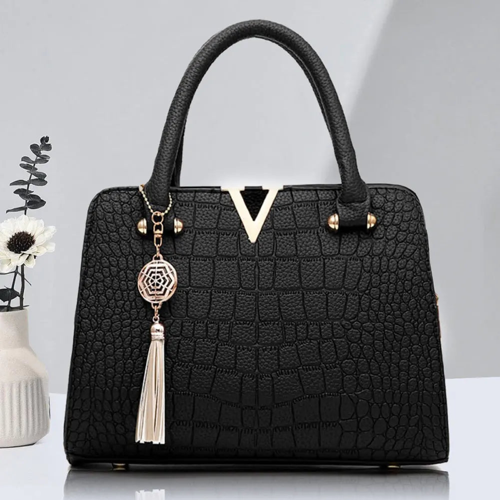 Women's Crocodile-Print Handbag New PU Leather Tassel Shoulder Bag Large Capacity Handle Bag Lady Purse For Outdoor Shopping
