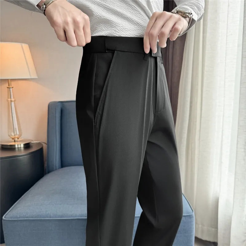 Men Suit Pant Elastic Waist Solid Slim Fit Dress Pants Light Thin Business Casual Office Social Trouser Oversized Men Clothing