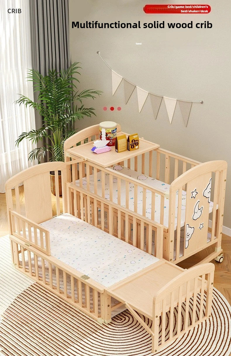 Baby Comfortable Sleeping Bed Solid Wood Newborn Baby Bed Multifunctional Baby Rocking Bed with Wheels and mosquito net