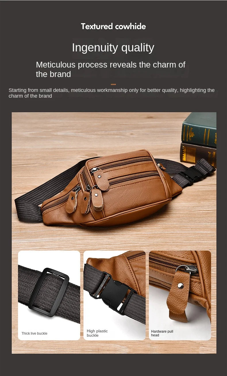 Large Capacity Waterproof PU Leather Men's Waist Bag Male Zipper Site Workers Travel Phone Bag Fanny Pack Men