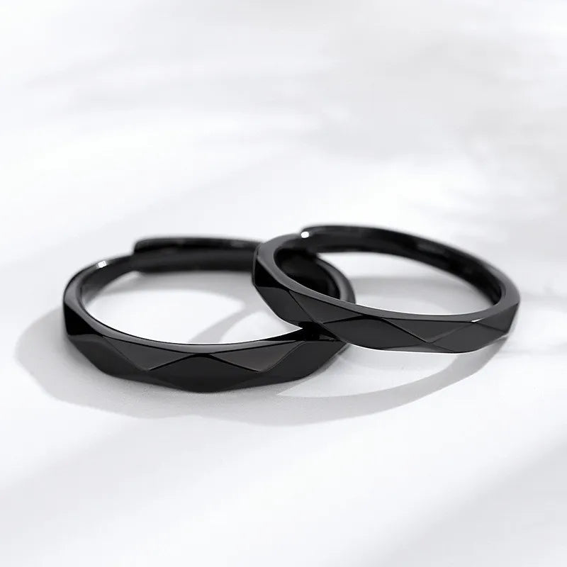 1Pair Simple Rhombus Couple Rings for Women Men Black Sliver Couple Goth Ring Luxury Opening Finger Ring Lover's Jewelry Gifts
