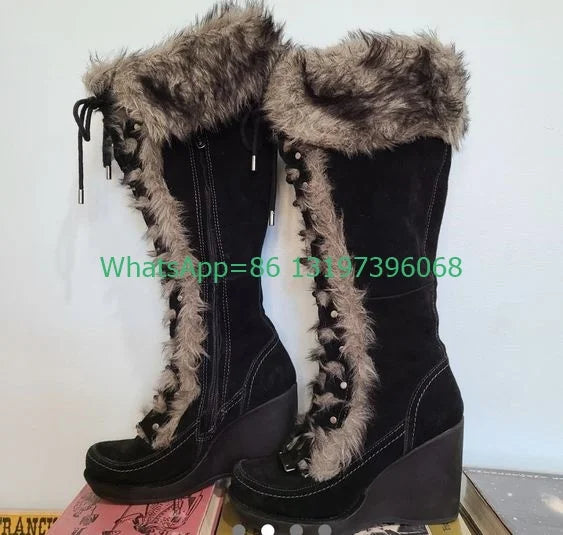 Lady black suede fur design vintage style boots wedges heel punk feather design platform knee boots lace-up size 35-46 footwear