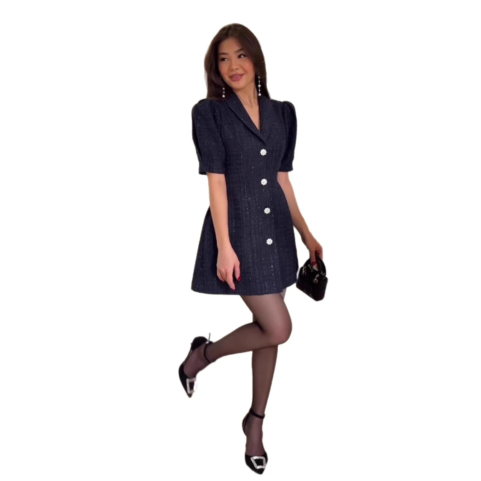 Women's Clothing 2026 Spring New Suit Collar Short Sleeve Cardigan Elegant Mini Bodycon Dress