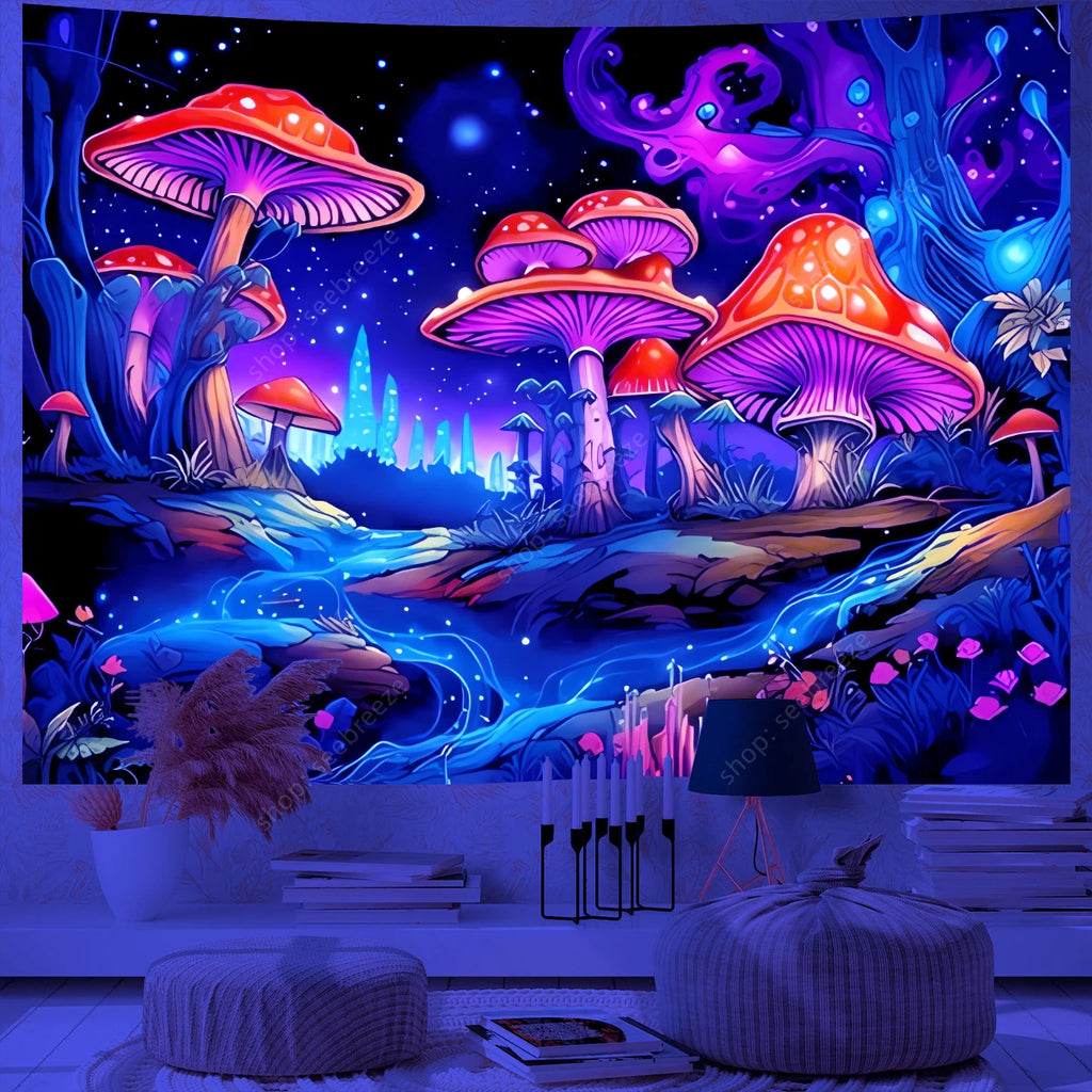 Fantasy Mushroom UV Reactive Tapestry Beautiful Floral Plant Tapestry Wall Hanging Gothic Home Wall Decor Room Decor Aesthetic