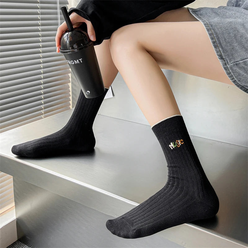 Socks For Women New Fashion Autumn Striped Cotton Long Socks Breathable Soft Korean Style Cute Embroidery Girls Casual Comfort