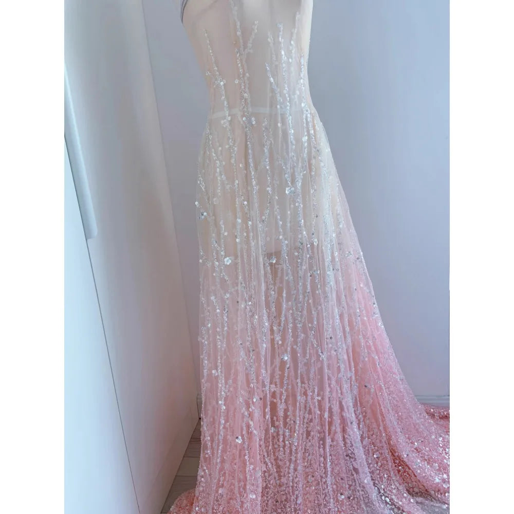 Pink Gradient Studded Sequin Fabric for Wedding Dresses Dance Costumes Stage Costumes Designer Fabrics for Sewing