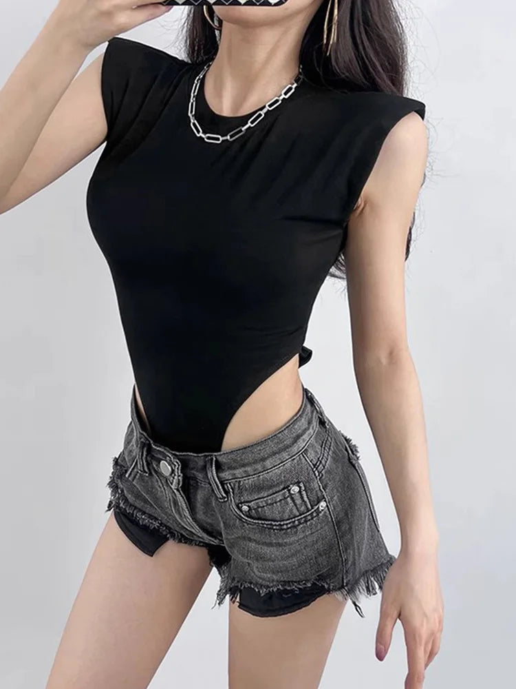 Summer 2025 Sexy Women's Bodycon Bodysuit Sleeveless Padded Shoulder One-Piece Black White Sexy Tops for Women