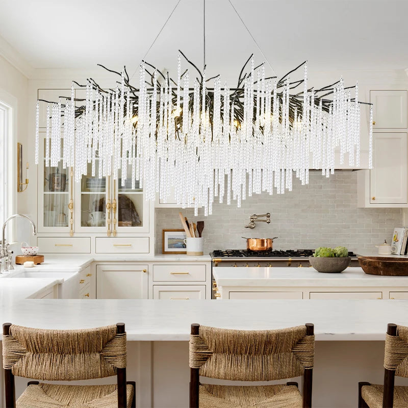 Long Crystal Branch Chandeliers For Dining Room Kitchen Table, Modern Black Crystal Hanging Chandelier Living Room Bedroom
