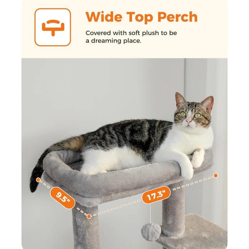 Cat Tree With Top Perch, Cat Tower With Plush Hammock, Cat Shelves And Dangling Pompom, Cat Scratching Posts And 2 Condos Houses