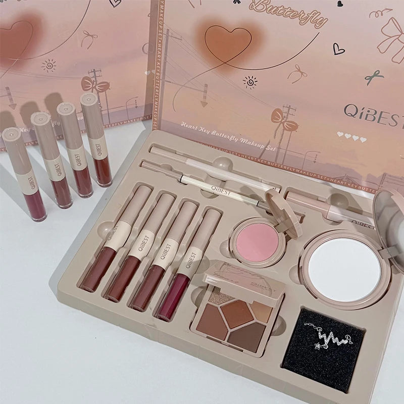 QIBEST Face Makeup Set 4pc Double End Lip Glaze, Pressed Powder,Blush,Eyeshadow, Eyebrow Pen,Eyeliner,Lip Oil Gift Cosmetics