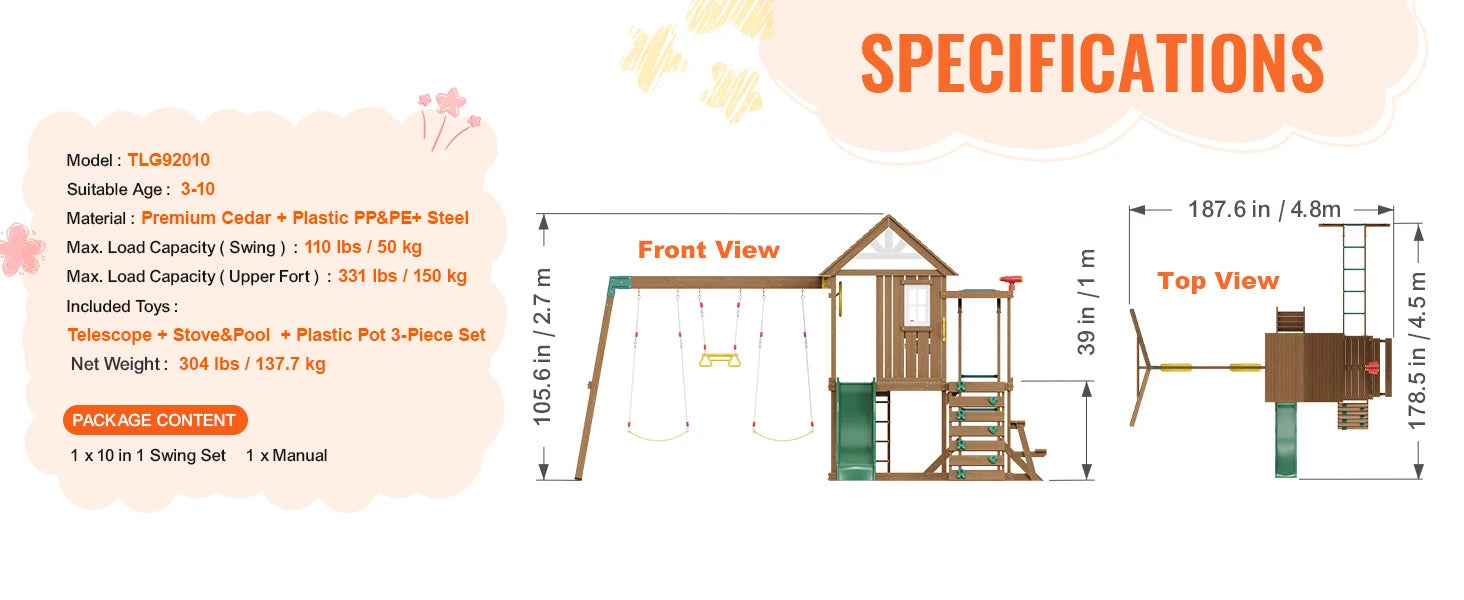 SucceBuy Wooden Swing Set 9/10 IN 1 Outdoor Playground Sets for Backyards 2 Swings Trapeze Bar 6 FT Slide Large Upper Fort