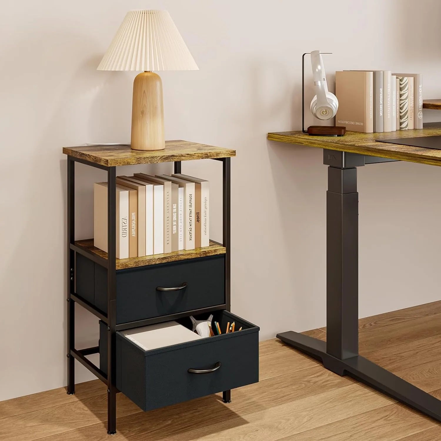 Side Table Bedside Table with 2 Fabric Storage Drawers for Bedroom Living Room Dorm Night Stands for Small Space
