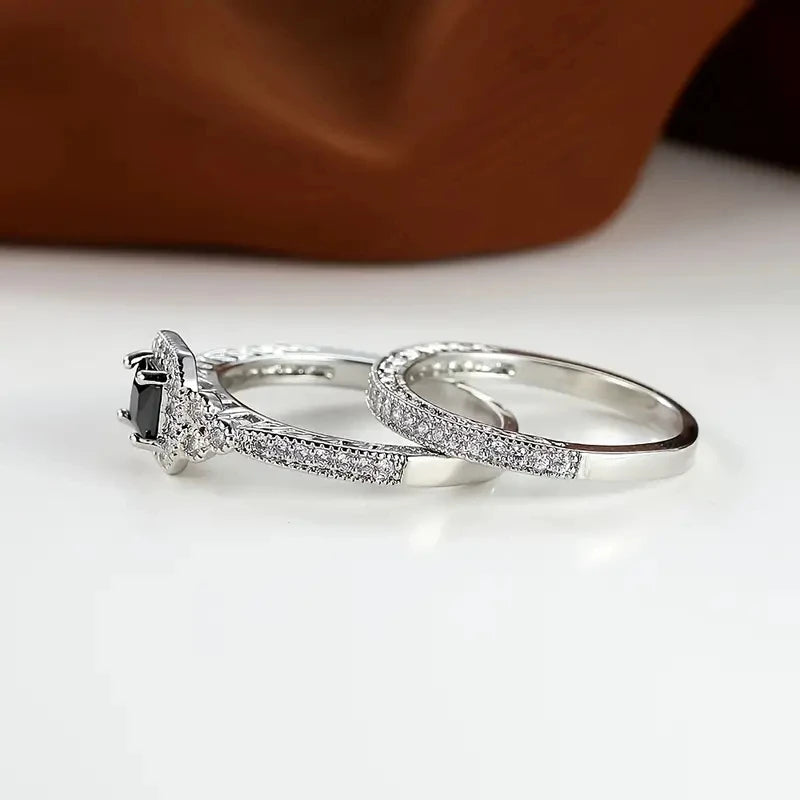 Huitan Vintage Black/White Cubic Zircon 2Pcs Set Rings for Women Anniversary Party Temperament Elegant Lady Accessories Jewelry