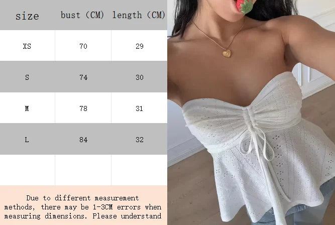 Women's sexy summer strapless top, adjustable drawstring waist and keyhole collar, breathable casual fashion shirt, elegant summ